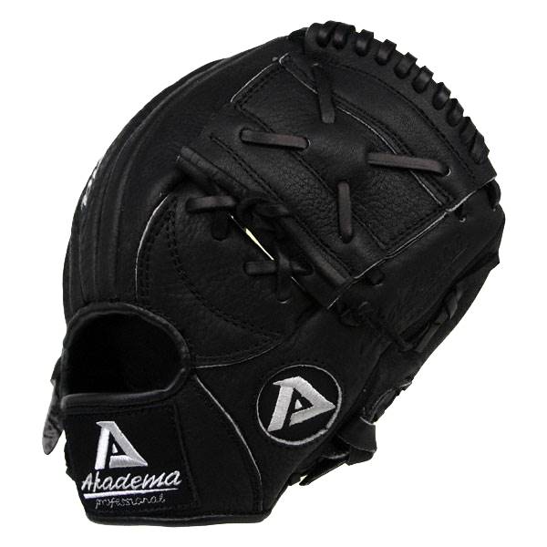 Front view of a black baseball glove with white stitching and the Akadema Professional logo.