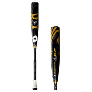 Side view of a black baseball bat with gold tiger stripes and CF branding.