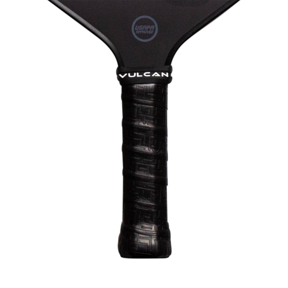 Close-up of a black pickleball paddle grip with VULCAN text and USAPA APPROVED logo.