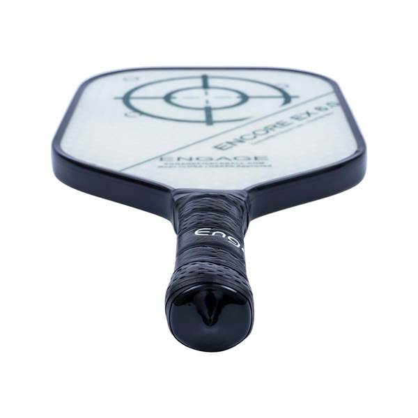 Top-down view of a black pickleball paddle with a white face, target design, and Engage branding on the grip.
