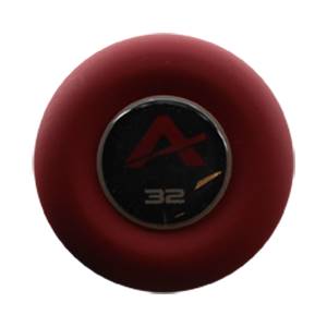 End view of a red softball bat with a black cap, red A logo, and 32 marking.