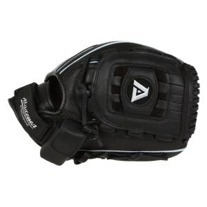 Side view of a black baseball glove with white stitching and an A logo.