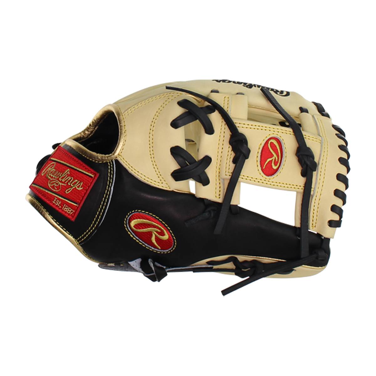 Side view of a tan and black baseball glove with red Rawlings branding and black lacing.