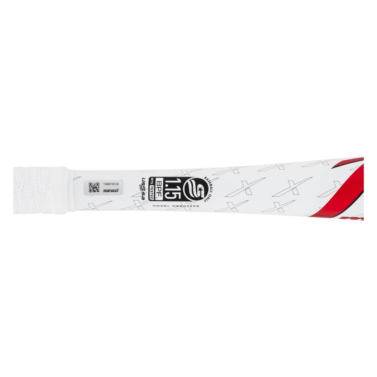 Close-up of the white bat taper showing the USSSA 1.15 BPF certification, Marucci sticker with QR code, and "MODEL MSBCX255" text over a faint grey X pattern.