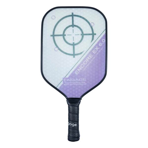 Front view of a white pickleball paddle with a target design, ENCORE EX 6.0 text, and a black grip.