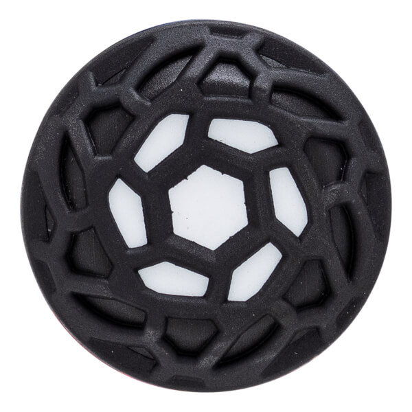 Top-down view of a black and white bat end cap with a raised geometric web pattern.