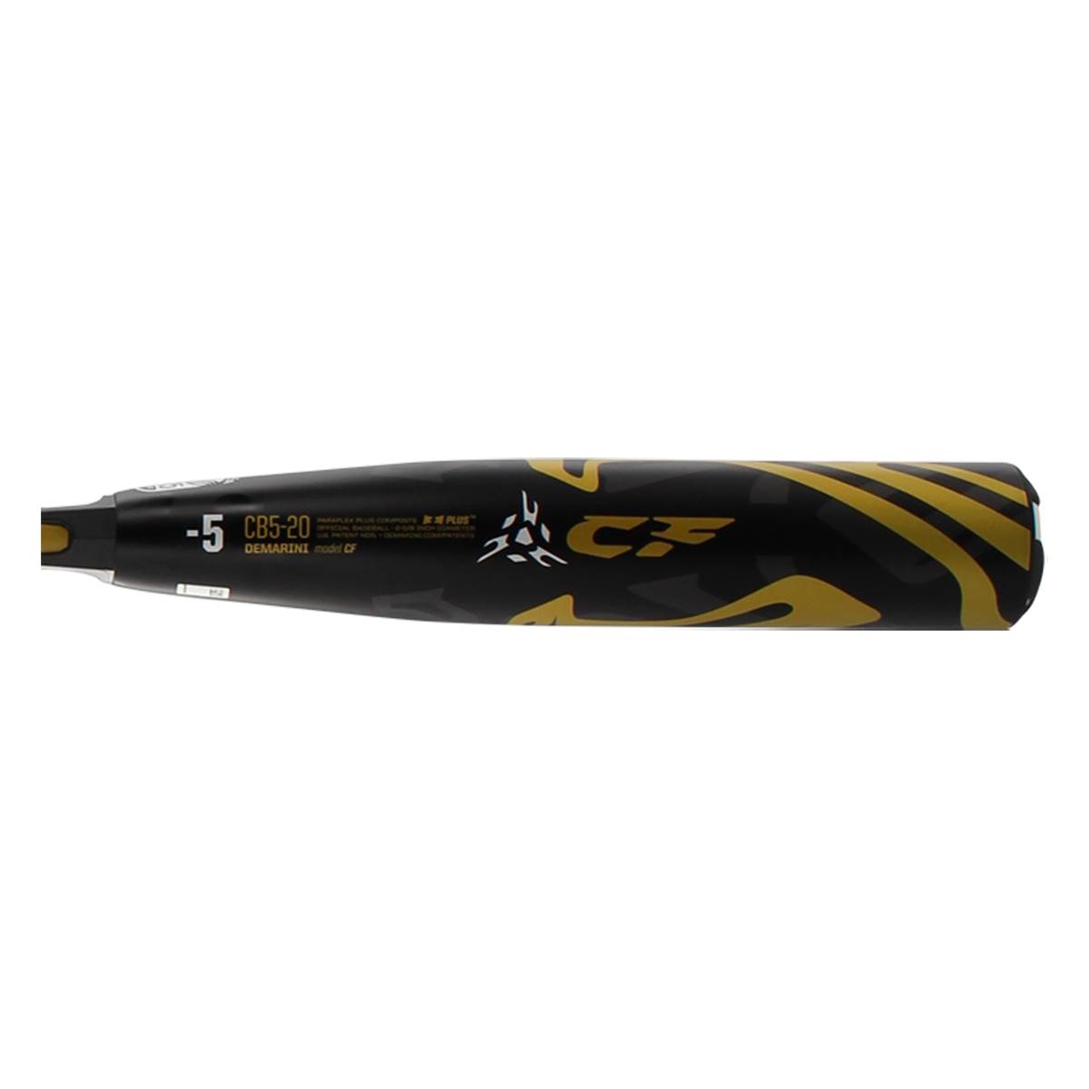 Side view of a black baseball bat with gold accents, CF logo, and DEMARINI text.