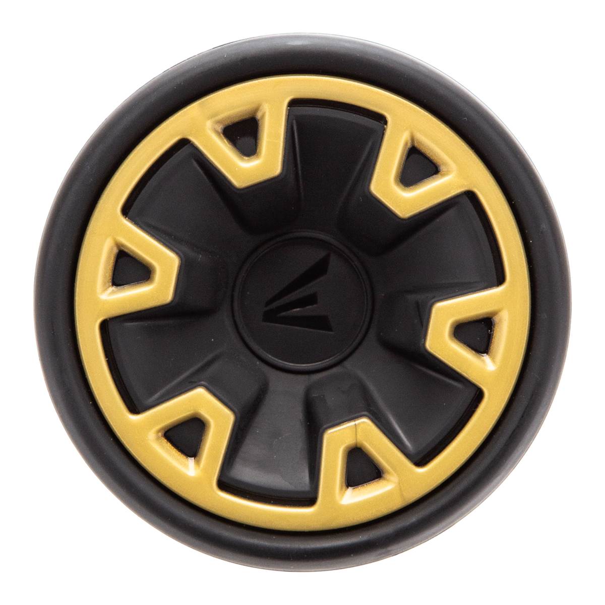 Top-down view of a black baseball bat end cap with gold accents and an Easton logo.