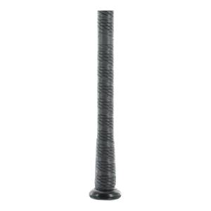 Bottom view of a black baseball bat with a textured grip and a rounded knob.