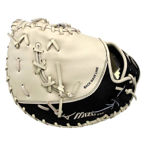 Front view of a white and black first base mitt with BACK WAVE LINE text and Mizuno logo.