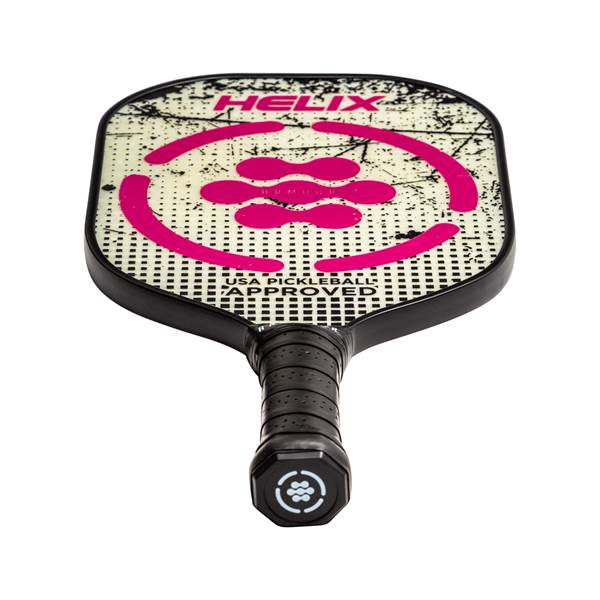Top-down view of a black pickleball paddle with pink HELIX logo and USA Pickleball Approved text.