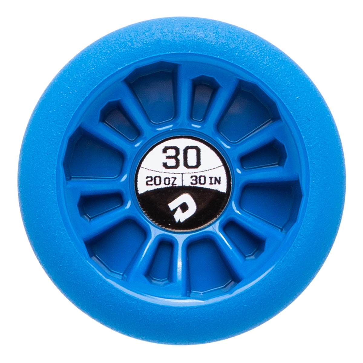 Top-down view of a bright blue textured baseball bat end cap featuring a central circular label with the text "30", "20 OZ", "30 IN", and a white stylized "D" logo.
