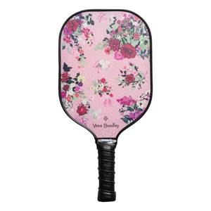 Front view of a pink pickleball paddle with a floral pattern and Vera Bradley text.