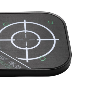 Corner view of a black pickleball paddle with a target design and MAXX 6.0 text.