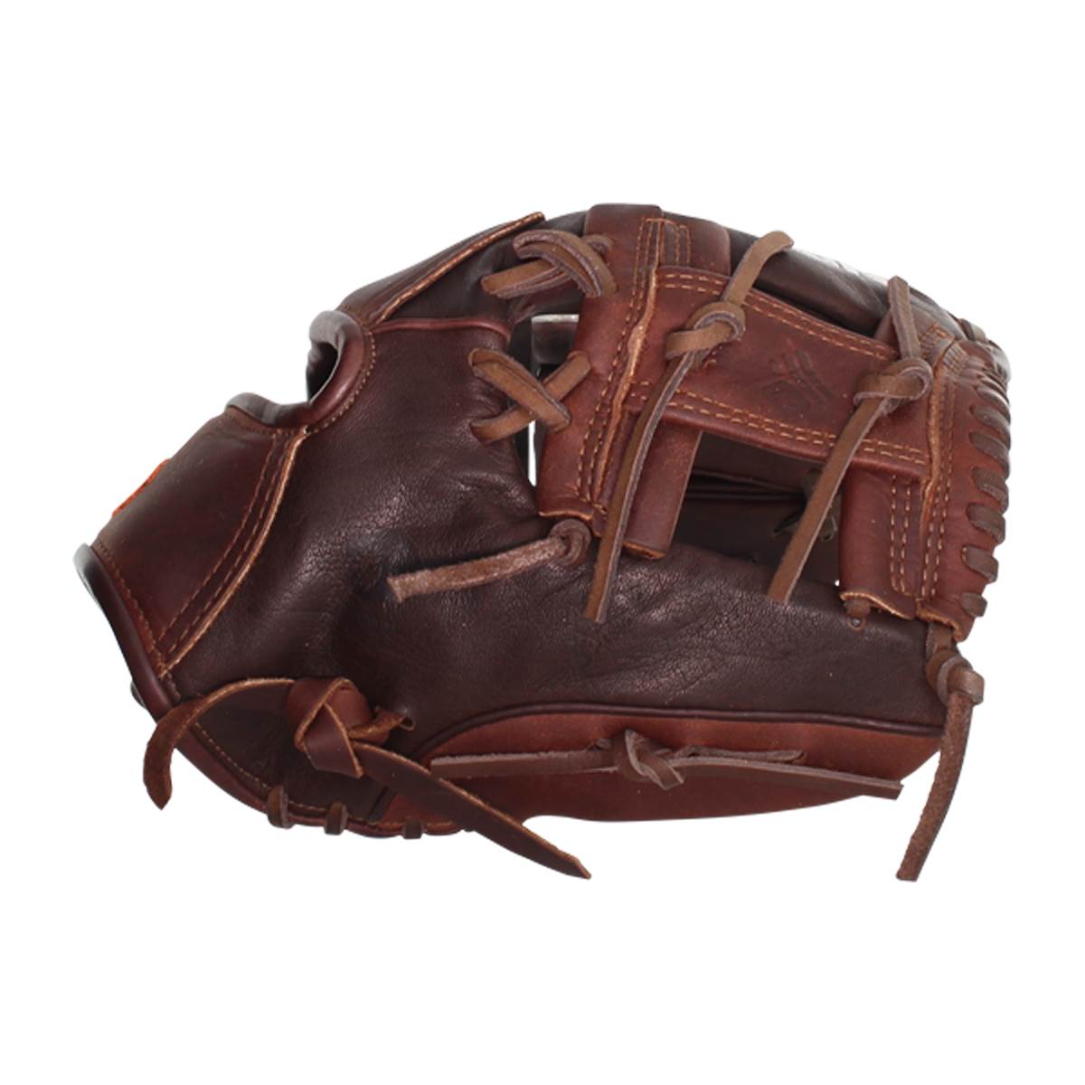 Side view of a brown baseball glove with visible lacing and a deep pocket.