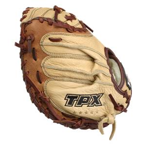 Side view of a tan and brown catchers mitt with TPX logo and stars.