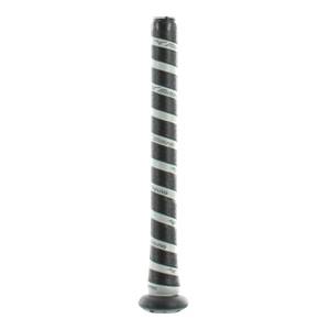 Close-up of a black baseball bat grip with white diagonal stripes and visible Mizuno branding.