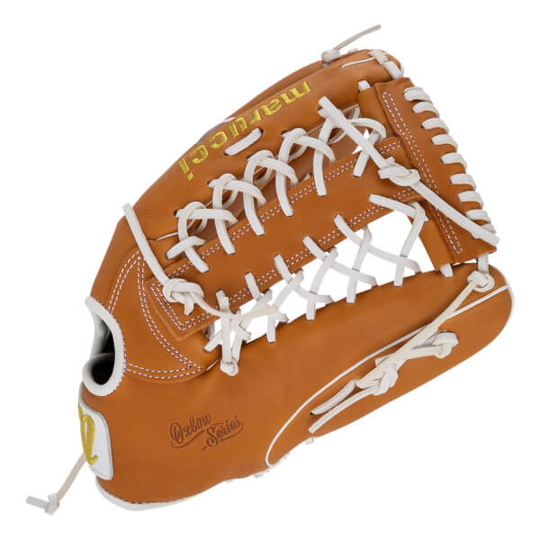 Back view of a tan leather baseball mitt featuring white laces and the words "Marucci" and "Oxbow Series" in gold and dark text.