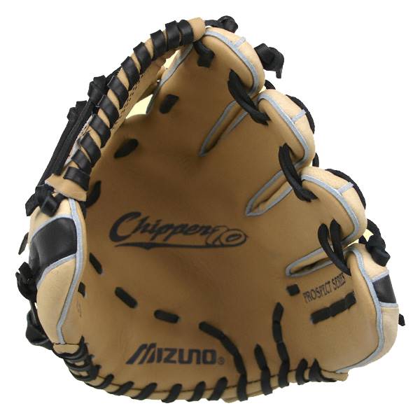 Inside view of a tan baseball glove with black lacing, Chipper script, and Mizuno logo.