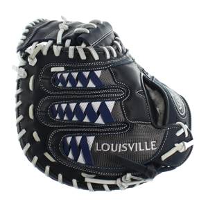 Front view of a navy baseball glove with white lacing, blue and white woven accents, and LOUISVILLE text.