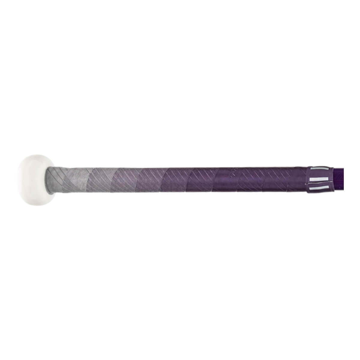 Side view of a purple fastpitch softball bat with a white knob and gradient grip.