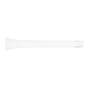 Side view of a white baseball bat grip with textured tape, a flared knob, and a black-taped end.