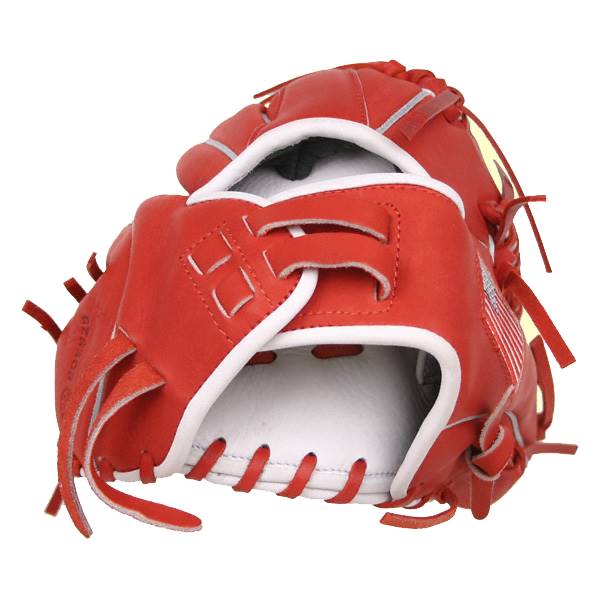 Top-down view of a scarlet baseball glove with white lacing and a flag detail.
