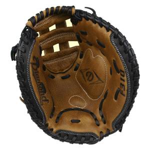 Top-down view of a brown and black catchers mitt with Diamond and F310 text.