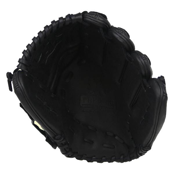 Top-down view of a black baseball glove with PREMIER SELECT embossed on the palm.