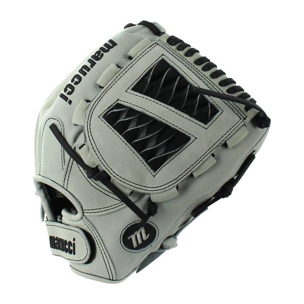 Top-down view of a gray and black Marucci softball glove with white stitching and a black M logo.