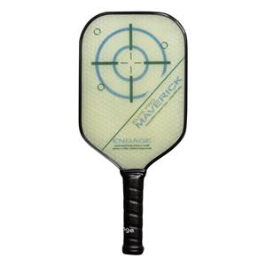 Front view of a light green pickleball paddle with a target design, Maverick text, and textured grip.