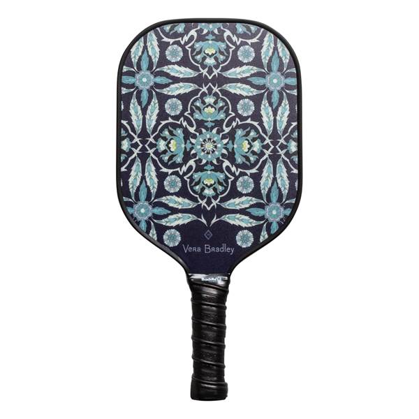 Front view of a dark blue pickleball paddle with a floral pattern and Vera Bradley text.