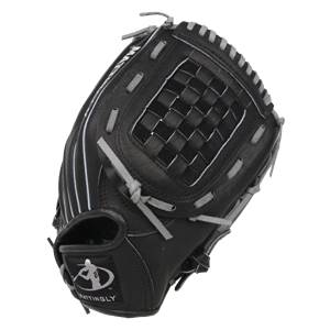 Top-down view of a black baseball glove with a woven pocket and MATTINGLY text.