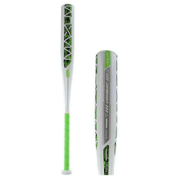 Front view of a white baseball bat with green grip and camouflage pattern.