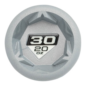 Top-down view of a silver baseball bat end cap with a hexagonal recess and a central label showing 30 20 OZ.