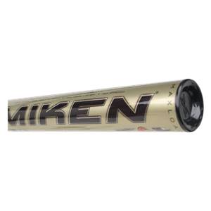 Side view of a gold Miken softball bat with black lettering and a black end cap.