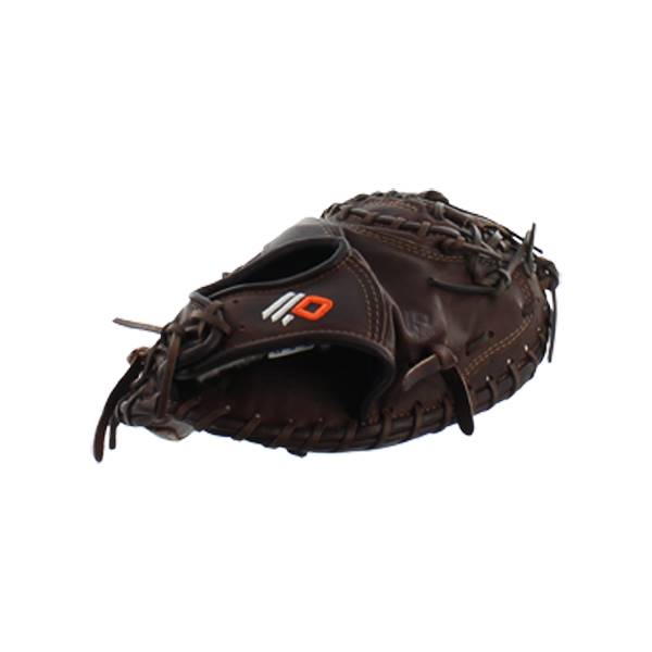 Side view of a brown catchers mitt with white and orange branding on the palm.