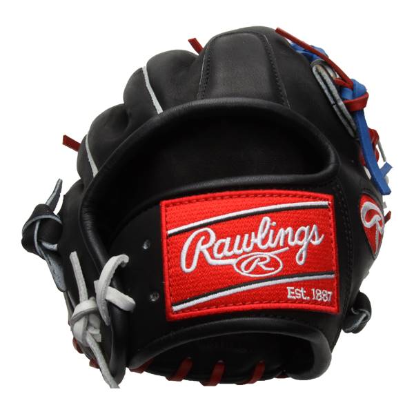 Front view of a black baseball glove with a red Rawlings logo patch and white lacing.