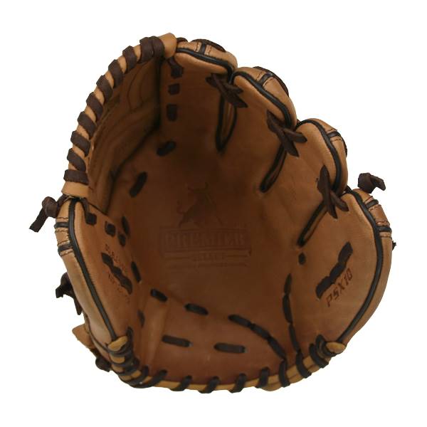 Top-down view of a tan baseball glove with dark brown lacing and PSX10 embossed on the side.