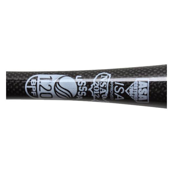 Close-up of a black softball bat with BPF 1.20, USSSA, and ASA 2012 approved logos.