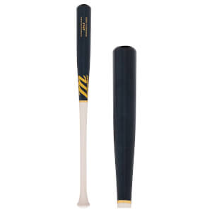 Front view of a navy baseball bat with gold Marucci logo and white handle.