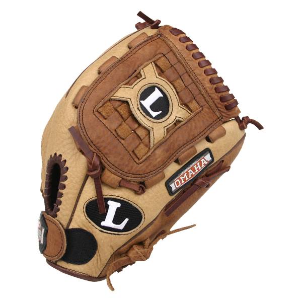 Top-down view of a tan and brown baseball glove with L logos and OMAHA text.