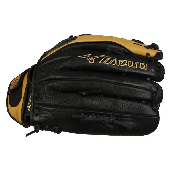 Side view of a black and tan Mizuno baseball glove with gold Mizuno logo and Mizuno text.