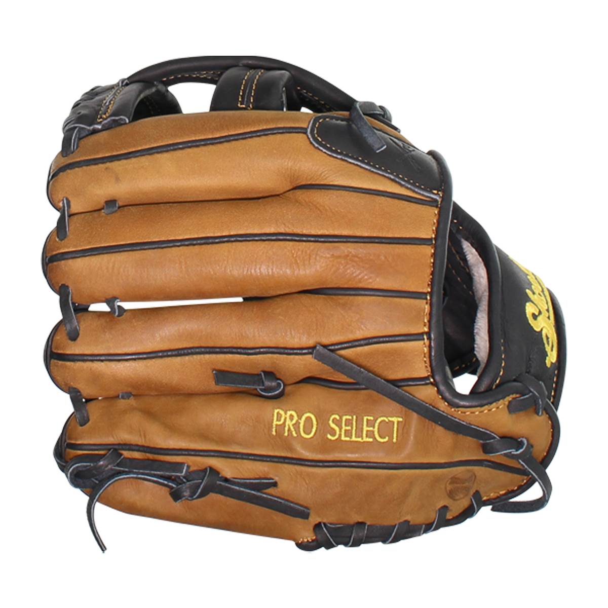 Front view of a brown baseball glove with black lacing and PRO SELECT text.