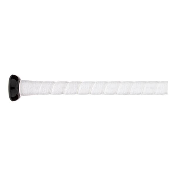 Side view of a black baseball bat with a white textured grip.