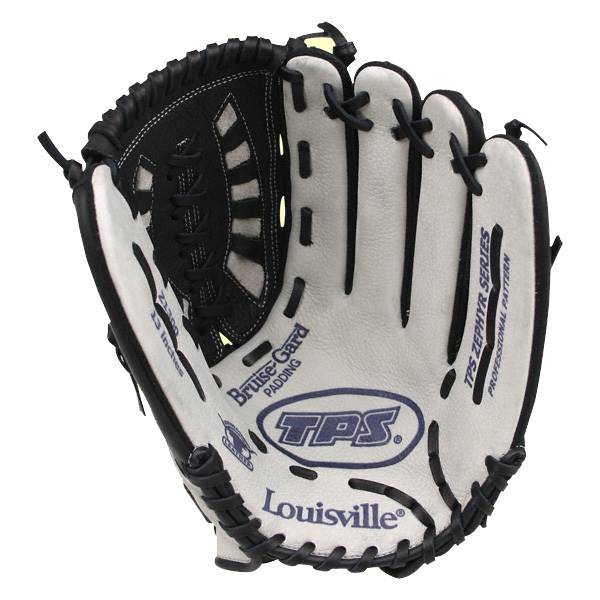 Front view of a white and black Louisville Slugger fastpitch glove with Bruise-Gard Padding and TPS logos.