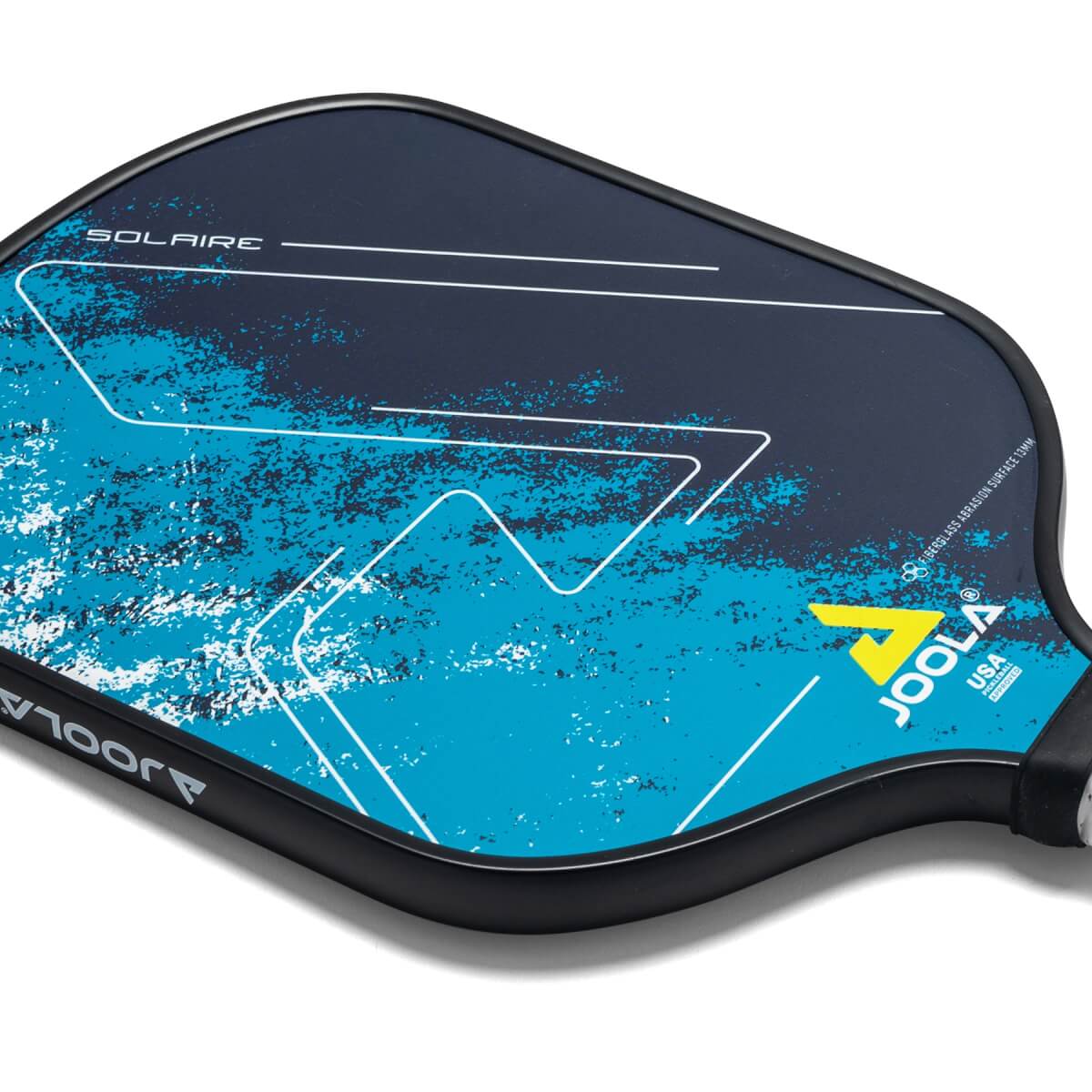 Top-down view of a blue JOOLA Solaire pickleball paddle with white lines and a yellow logo.
