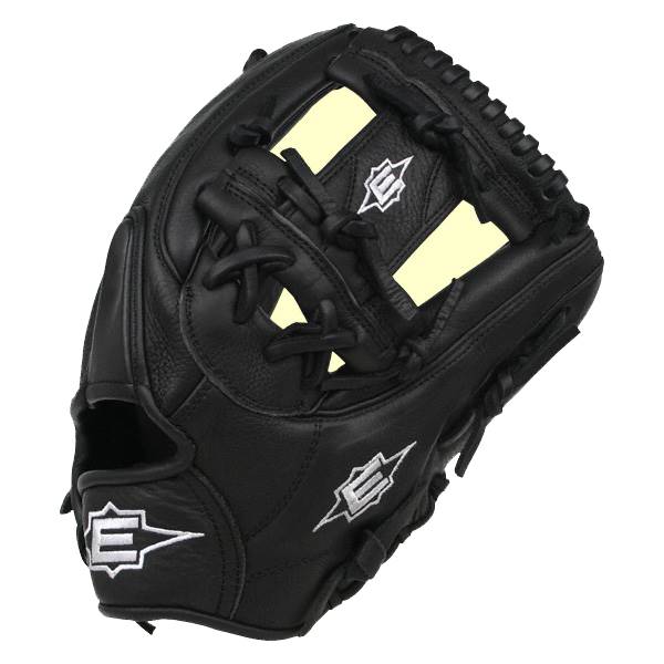 Top-down view of a black baseball glove with white Easton logos and yellow padding.