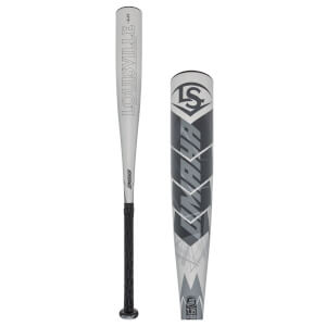 Side view of a silver Louisville Slugger baseball bat with black grip and Omaha branding.
