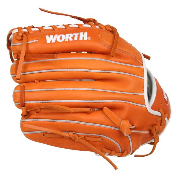 Front view of an orange baseball glove with white stitching and WORTH branding.